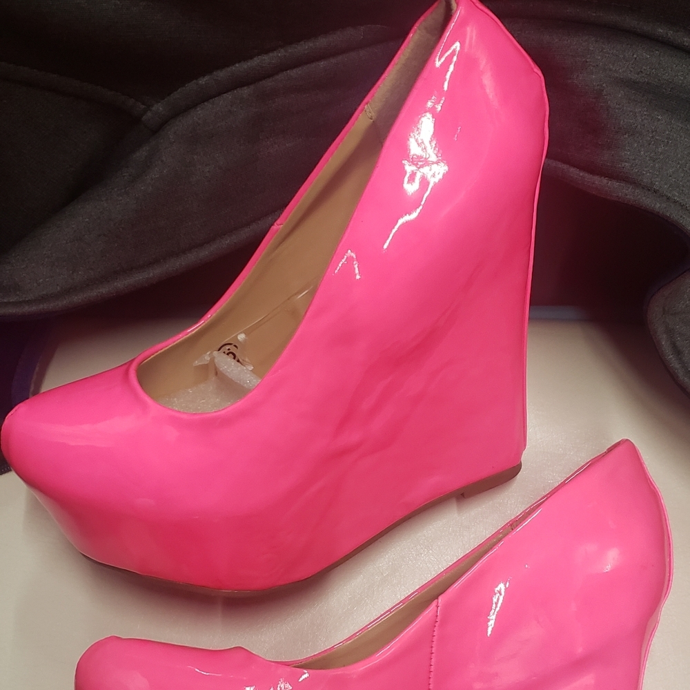 Hot pink platform wedge heels